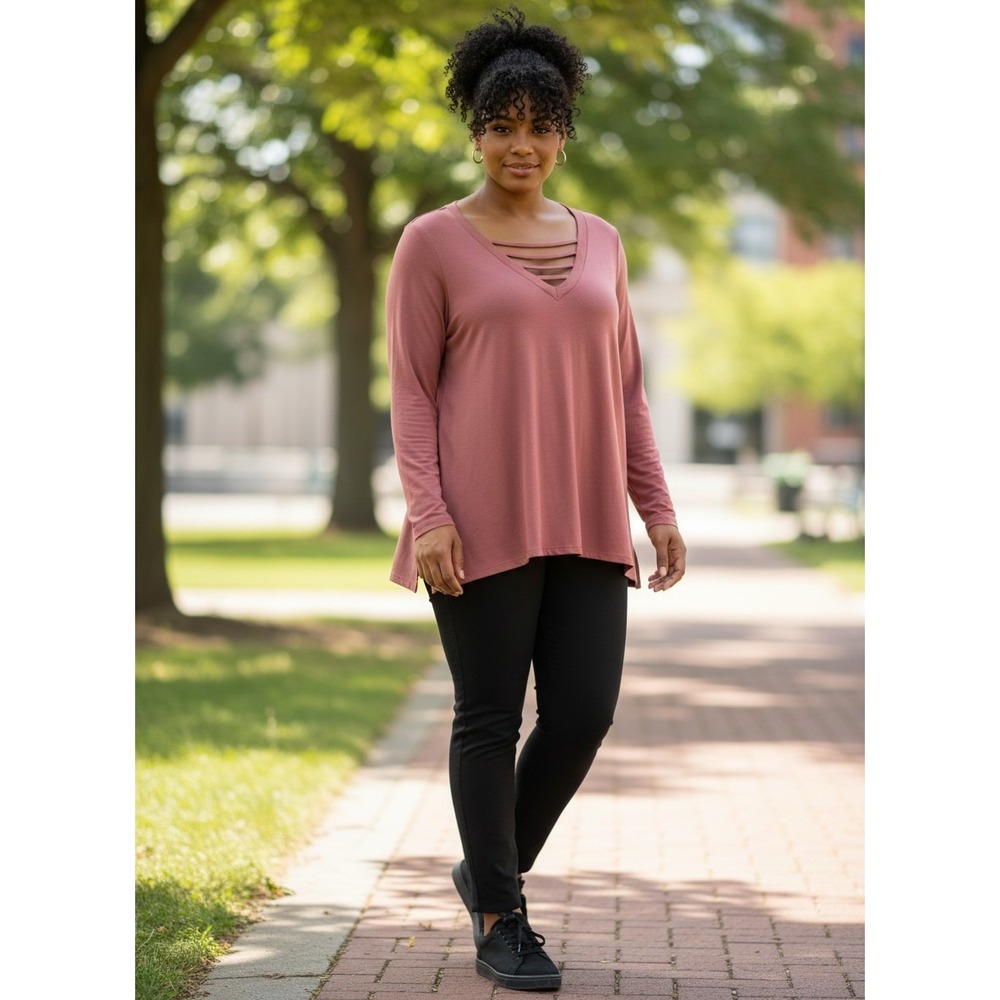 Pink Rose Top Women Large Mauve Excellent Caged V-Neck Long Sleeve PS839136